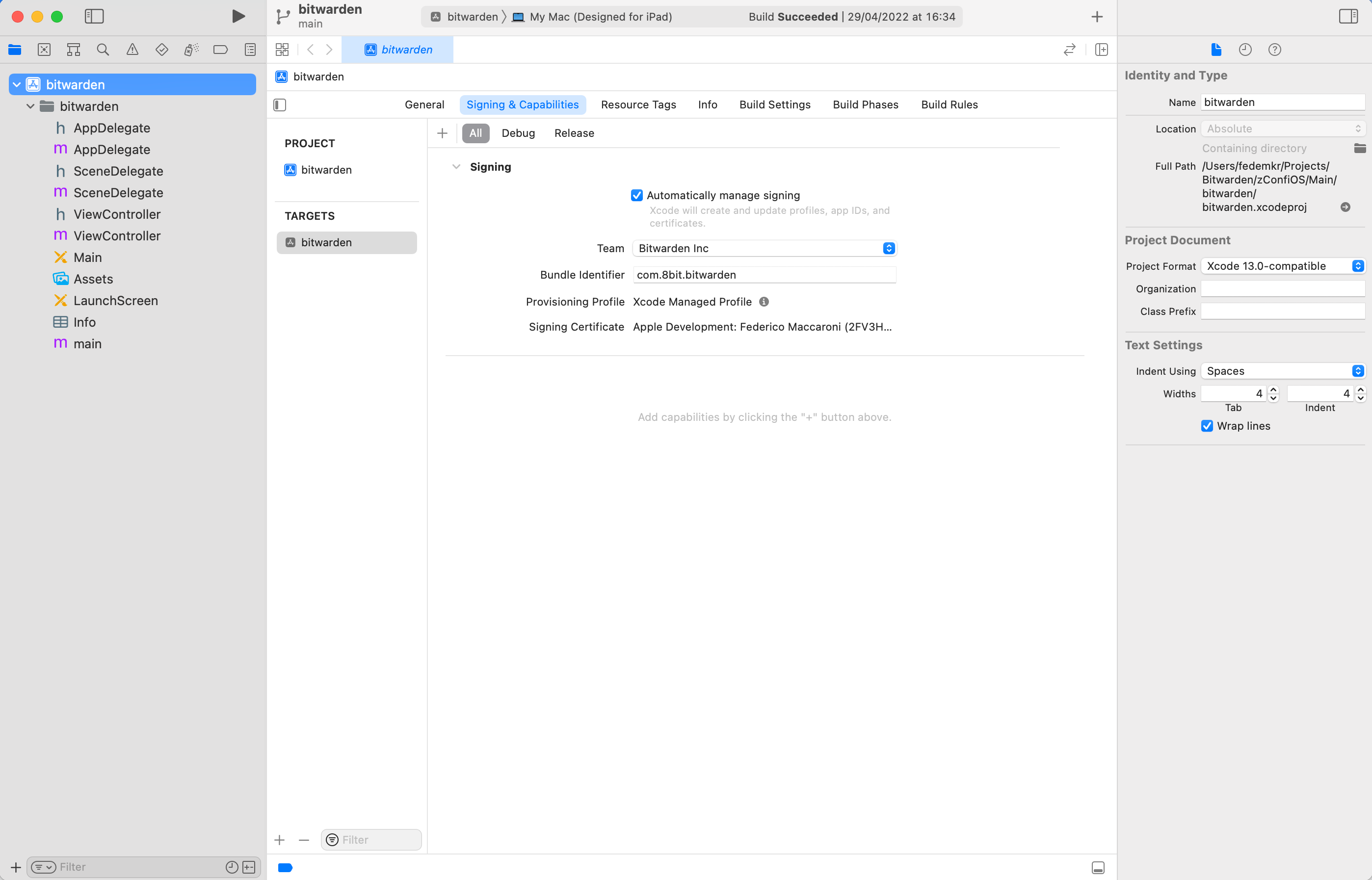 Example configuration for Signing & Capabilities screen